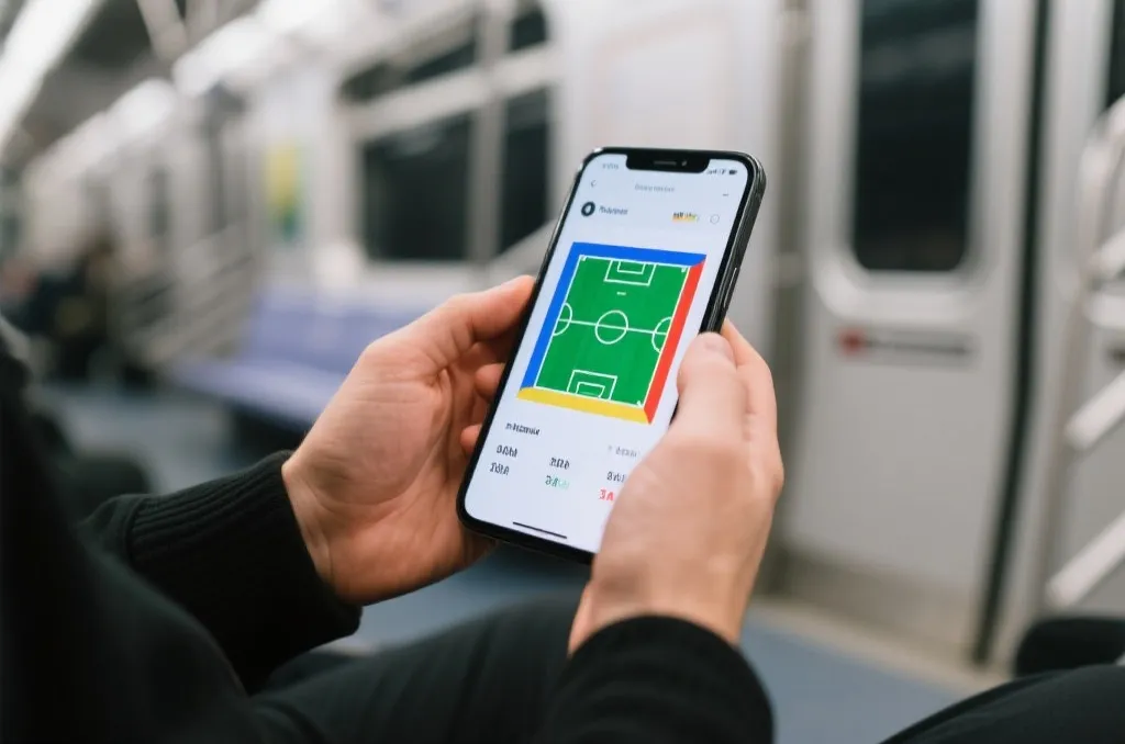 A close-up of a person's hands holding an unbranded smartphone showing a colorful soccer pitch graphic and match stats during a metro commute.